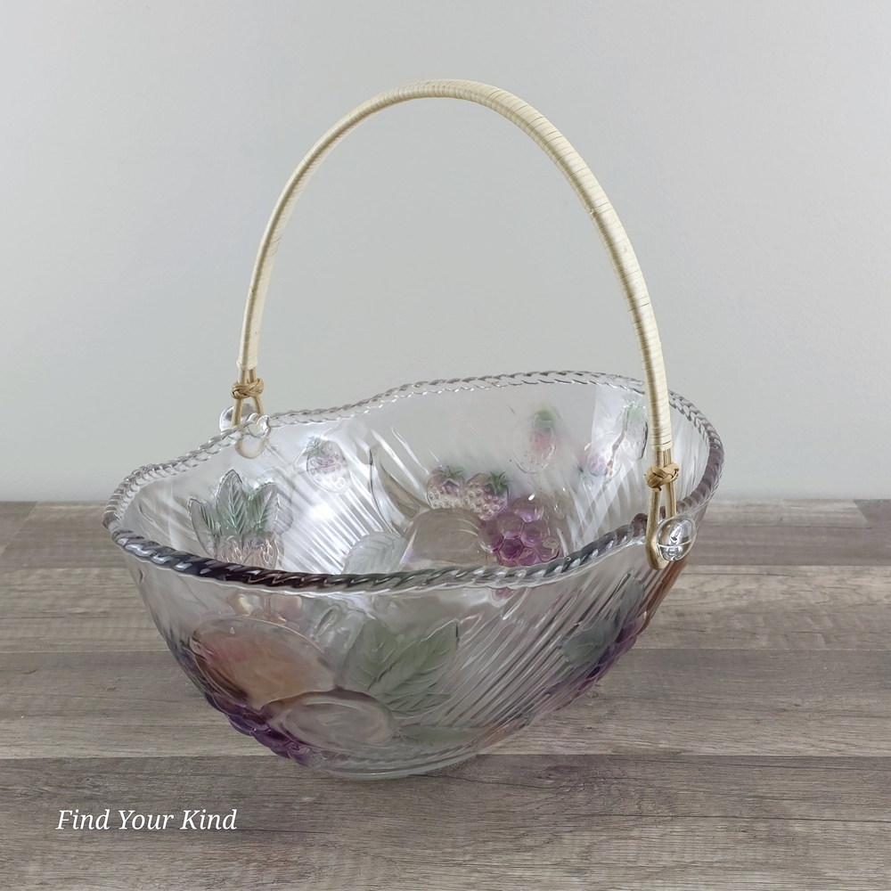 ADERIA Glass Vtg Bowl Basket Wicker Handle Embossed Fruit. Purple, Pink, Green